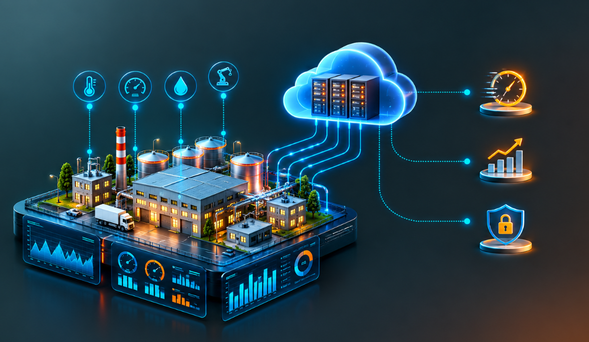 Factory, solar panels and tank sending live data to the cloud and dashboard